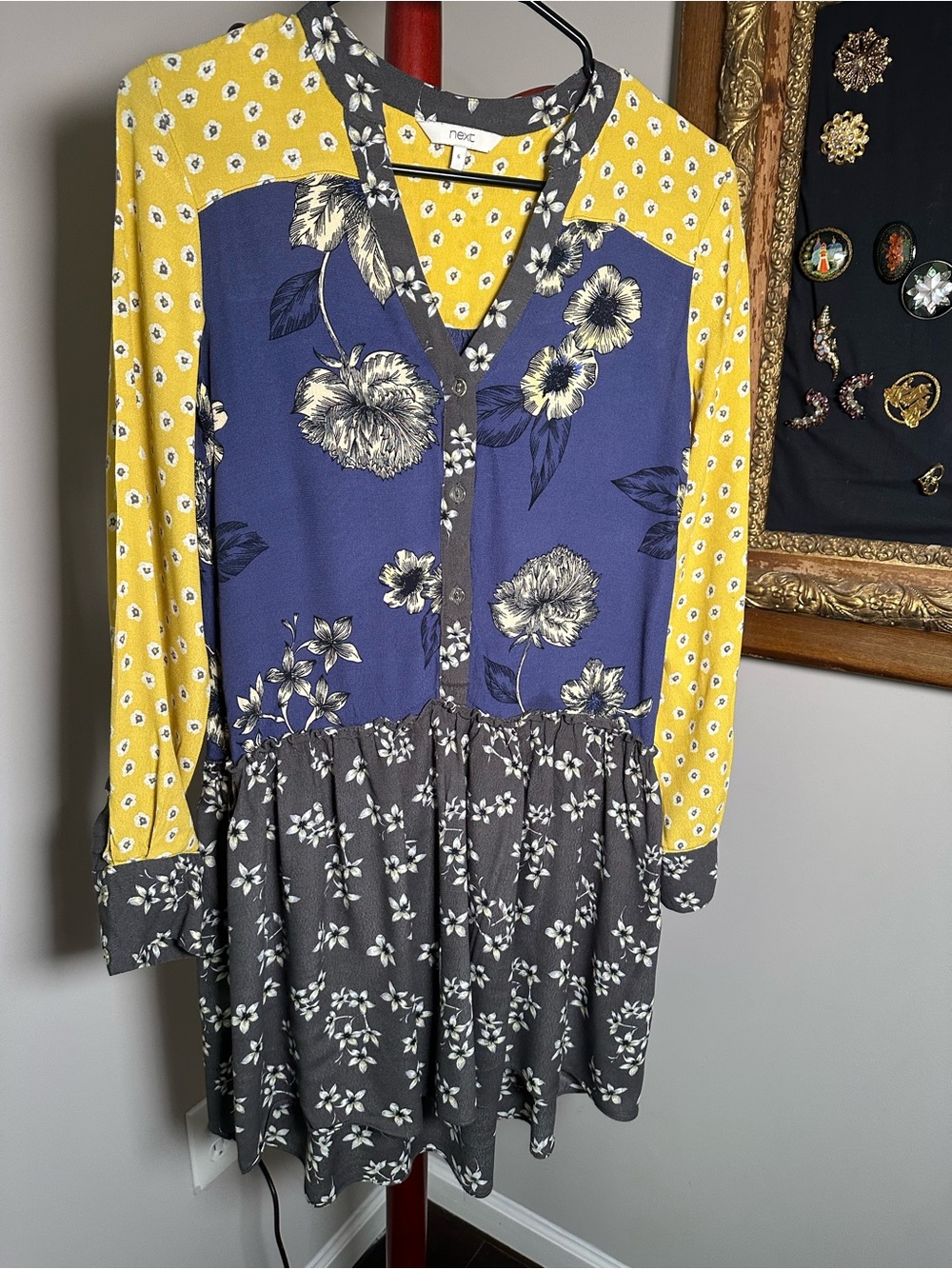 NEXT Floral Patchwork Tunic Dress Yellow Blue Grey Boho Long Sleeve Sz 6